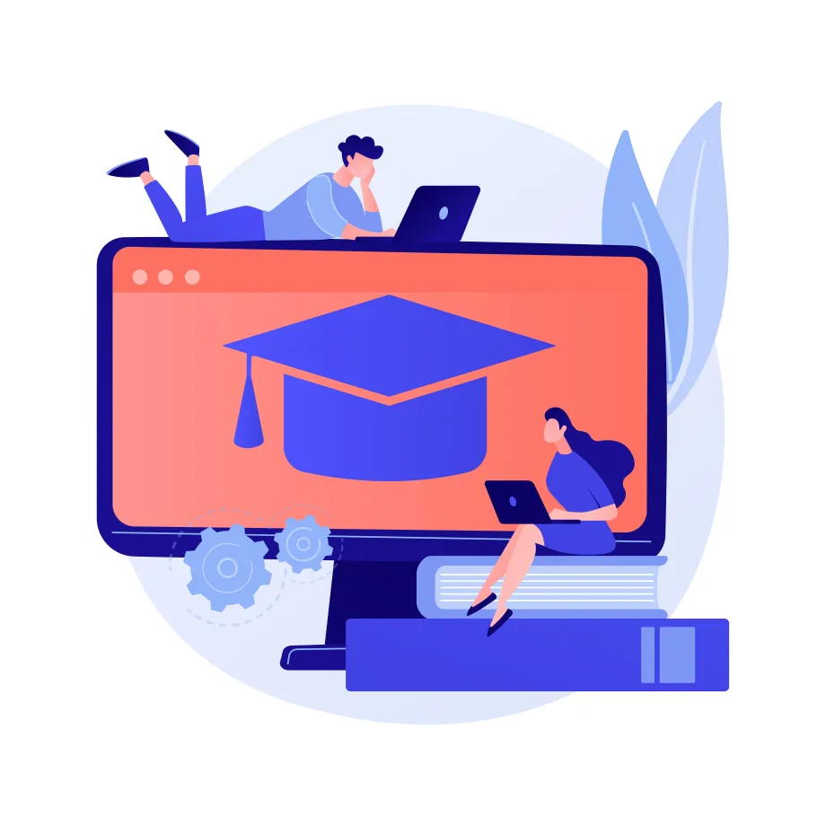 Ženski i muški animirani likovi koji koriste računala dok je na velikom ekranu u njihovoj prikazana akademska kapa. Na ilustraciji se nalaze još i knjige, a sve zajedno asocira na studentske stipednije