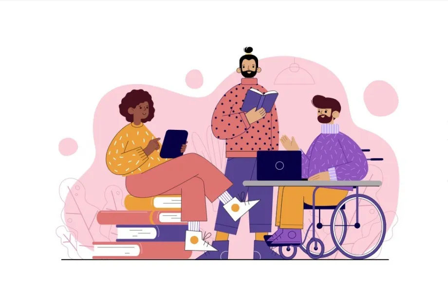 Ilustracija osobe koja sjedi na knjigama i tipka po tabletu, osobe u invalidskim kolicima koja tipka na laptopu i osobe koja stoji između njih i čita knjigu.