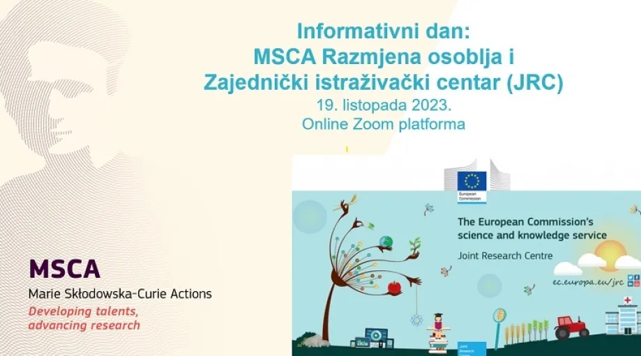 Svijetla pozadina sa plavim natpisom: "Informativni dan: MSCA Razmjena osoblja i Zajednički istraživački centar (JRC)"
