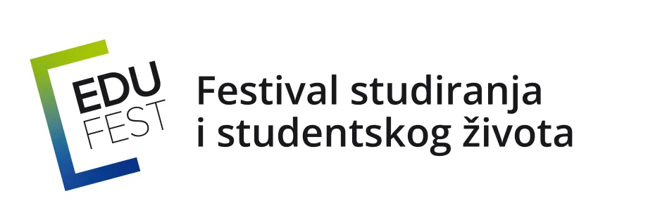 Bijela pozadina sa logotipom EduFesta i crnim natpisom "Festival studiranja i studentskog života"