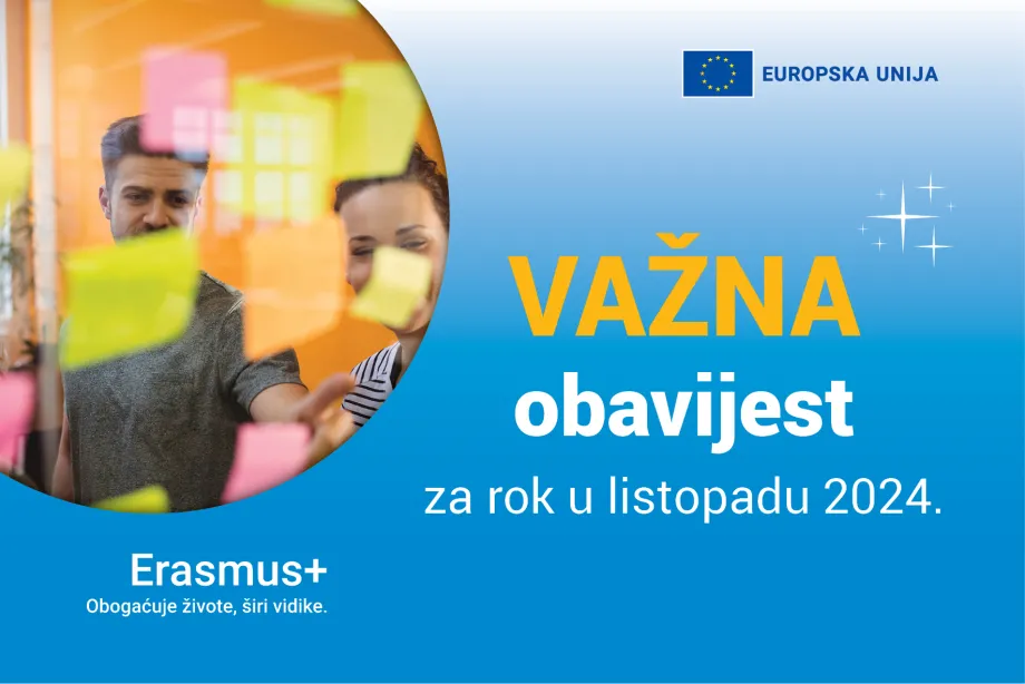 Važna obavijest o Erasmus+ roku u listopadu 2024. godine - u lijevom kutu pod povećalom nalaze se osobe koje na staklo postavljaju post-it listiće