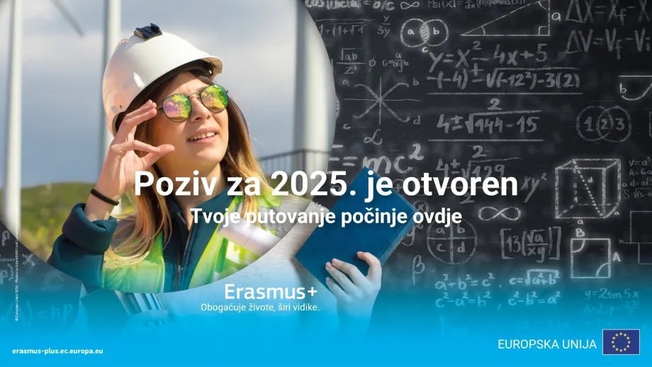 U krugu fotografija mlade djevojke sa zaštitnom kacigom i sunčanim naočalama na ilustraciji sa školskom pločom na kojoj su ispisane različite matematičke formule