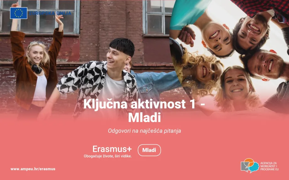 Mlada nasmiješena djevojka sa slušalicama oko vrata drži visoko podignute ruke. Ispred nje se nalazi nasmiješeni mladić okrenut na lijevu stranu. U desnom gornjem kutu pod povećalom petero nasmiješenih mladih osoba (tri djevojke i dva mladića) pozira držeći glave naslonjene jedna na drugu.