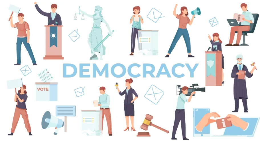 Ilustracija koja prikazuje ljude uključene u demokratske procese poput političke rasprave, prosvjeda, izbora, glasanja, vladavine prava, slobode medija i izražavanja.