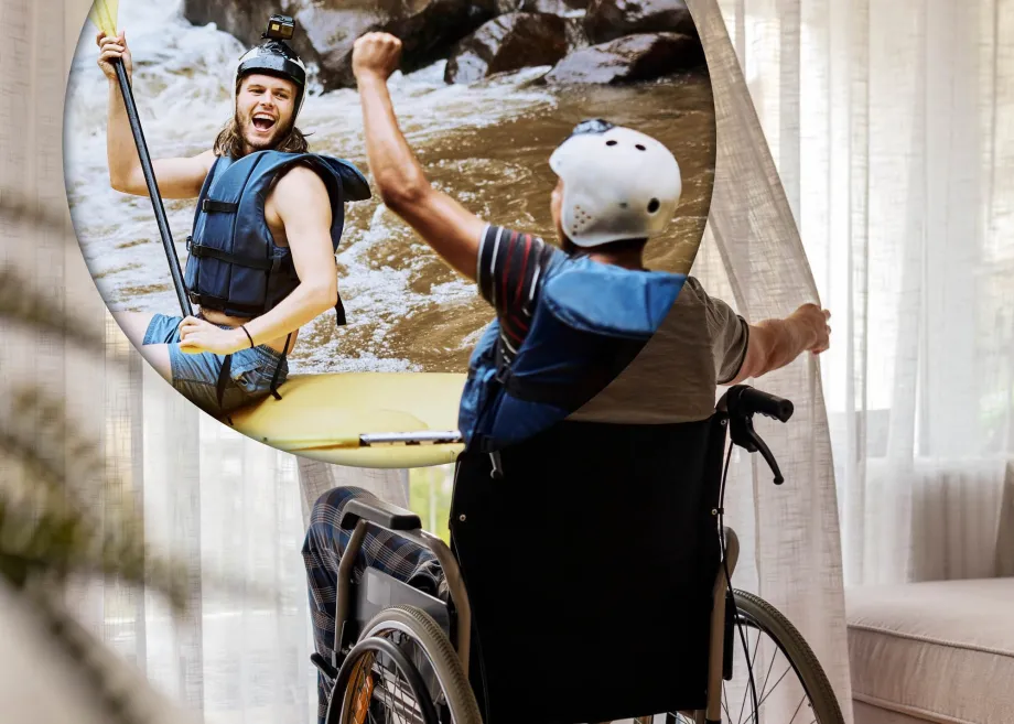 Dio slike prikazuje dvije osobe koje se bave sportom, dok je drugi dio osoba u invalidskim kolicima