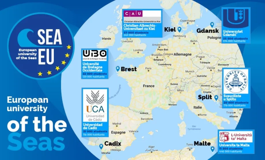 Karta sa šest članica Saveza Europsko sveučilište mora