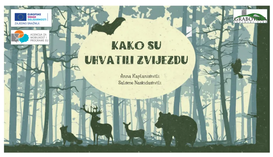 Naslovnica slikovnice Kako su uhvatili zvijezdu. Prikazana je šuma, jelen, lane, vuk, ptice i medvjed