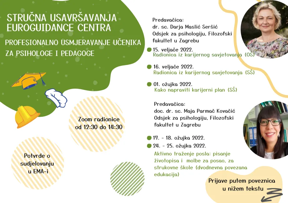 Prikazuje se pregled stručnih usavršavanja s datumima radionica te imenima predavačica i njihovim fotografijama