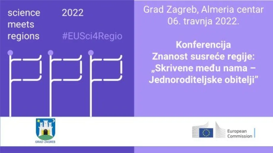 Na tamno ljubičastoj podlozi s lijeve nalazi se ilustracija triju zastava, a na svijetlo ljubičastoj s desne strane puni naziv konferencije