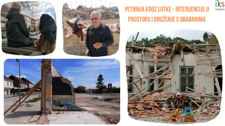 Kolaž fotografija ruševina u Petrinji ispred kojih su postavljene lutke