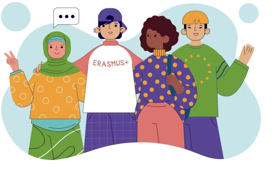 Ilustracija koja prikazuje četvero mladih ljudi različitog podrijetla koji sudjeluju u programu Erasmus+