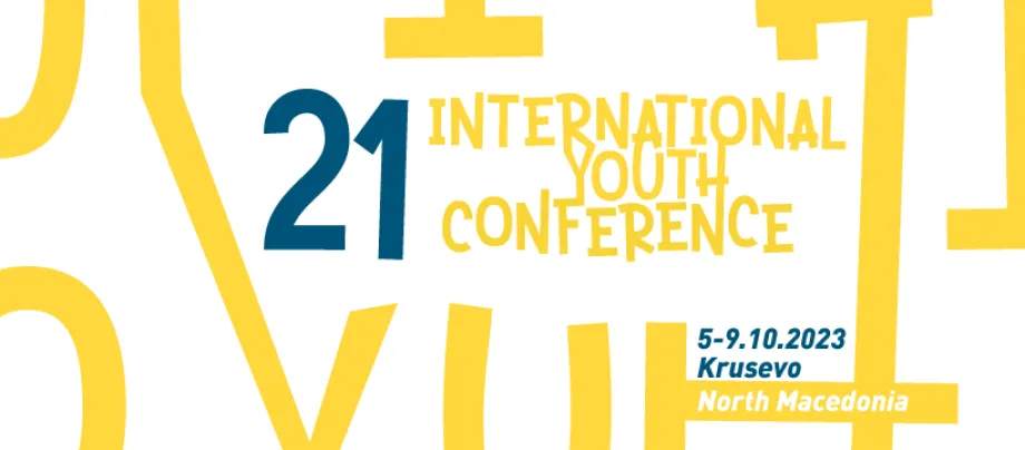 Bijela pozadina na kojoj su žute linije, a u sredini piše 21 International Youth Conference
