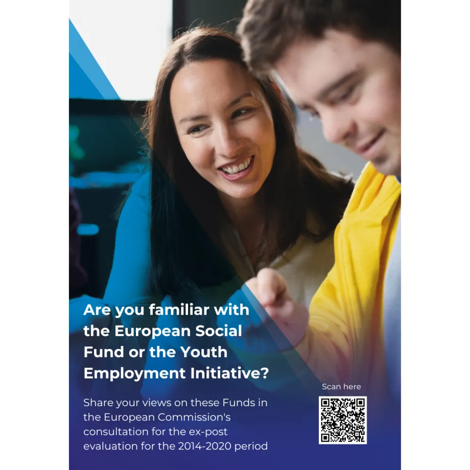 Portret mlade žene i mladog muškarca koji se smiješe. Na dnu vizuala je plava boja, a bijelim slovima piše "Are you familiar with the European Social Fund of the Youth Employment Initiative?".