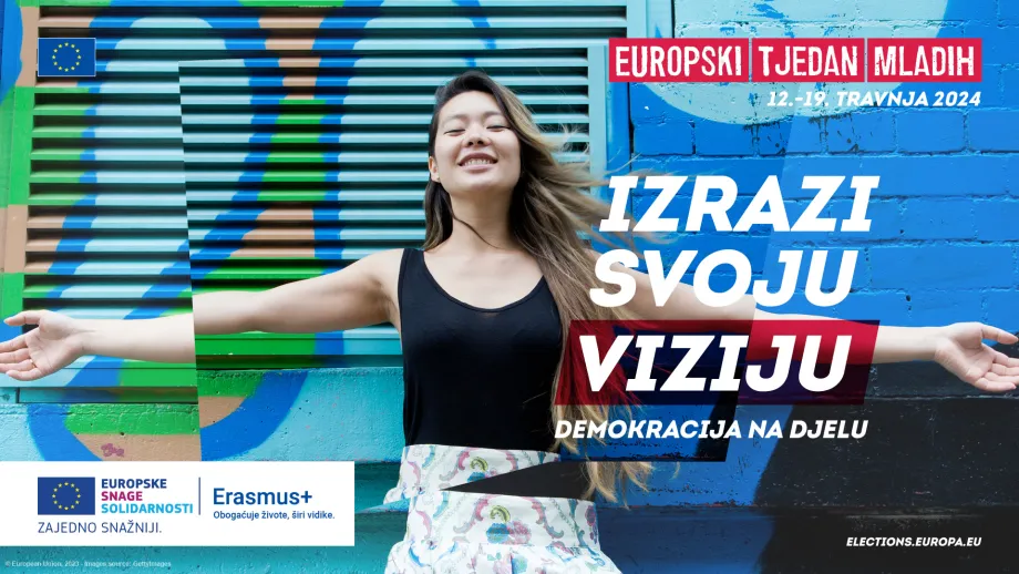 Vizual Europskog tjedna mladih na kojem djevojka stoji širom raširenih ruku, žmiri i ima osmijeh na licu. Na vizualu stoji slogan "Izrazi svoju viziju", a ispod njene fotografije nalaze se logotipovi Europskih snaga solidarnosti i Erasmus+ programa.