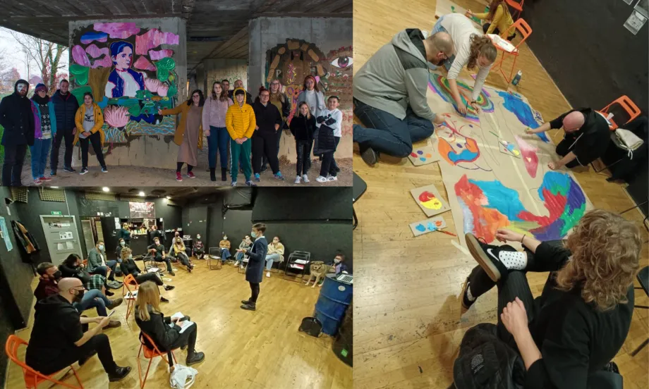 Kolaž od tri fotografije Erasmus+ projekta "Ofarbaj Karlovac". Fotografije prikazuju redom (1) grupu ljudi koja pozira ispred murala, (2) Dvadesetak ljudi koji sjede u krug i slušaju predavača ispred njih, (3) Četvero ljudi koji vodenim bojama ukrašavaju plakat na podu.