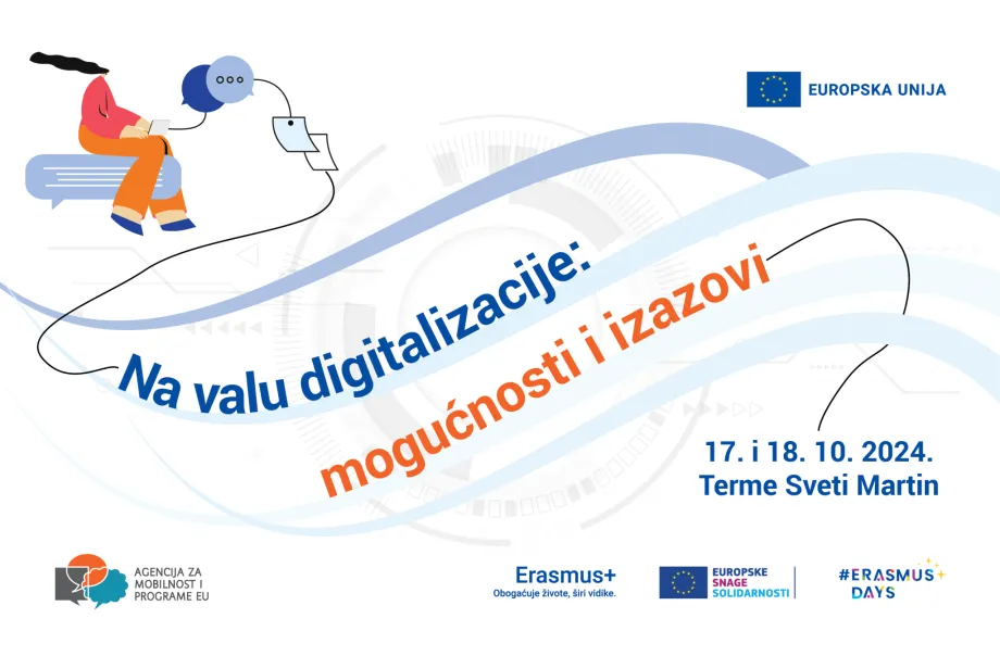 Vizual za događanje "Na valu digitalizacije: mogućnosti i izazovi", koji prikazuje vrijeme, mjesto održavanja i logotipe organizatora.