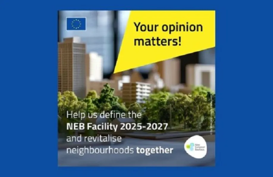Zgrade ispred kojih je drveće i cesta, a preko fotografije piše "Your opinion matters! Help us define the NEB Facility 2025-2027 and revitalise neighbourhoods together"