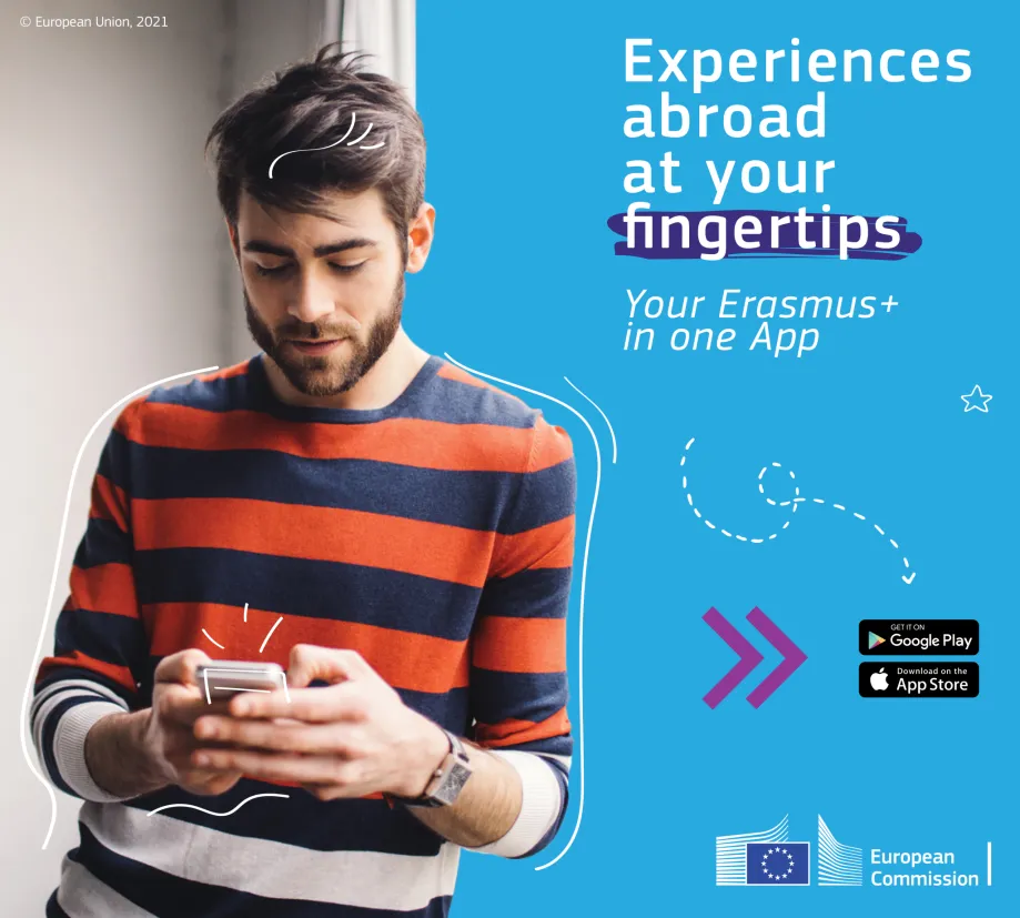 Mladić stoji i tipka na mobitel, pored njega se nalazi natpis "Experiences abroad at your fingertips. Your Erasmus+ in one App".