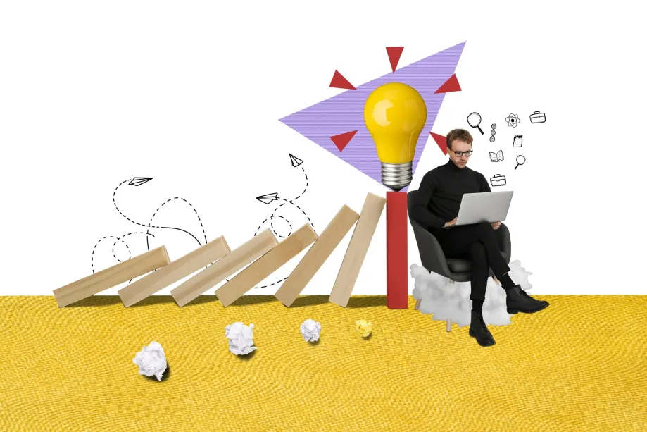 Ilustracija s knjigama, žaruljom, mlađom muškom osobom koja sjedi i drži laptop