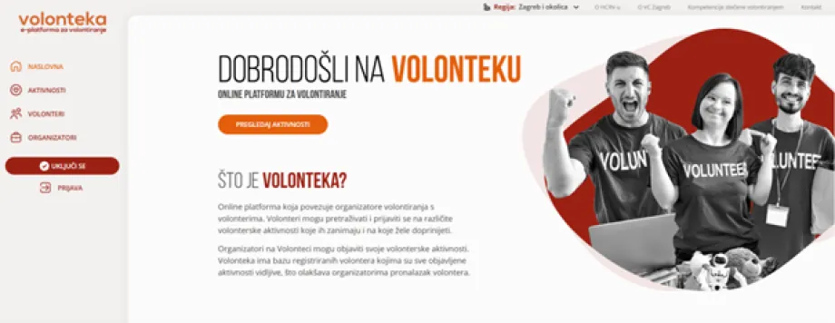 Screenshot portala volonterka.hr na kojem su informacije o volontiranju, a u desnom kutu u krugu se nalaze troje mladih dva mladića i jedna djevojka