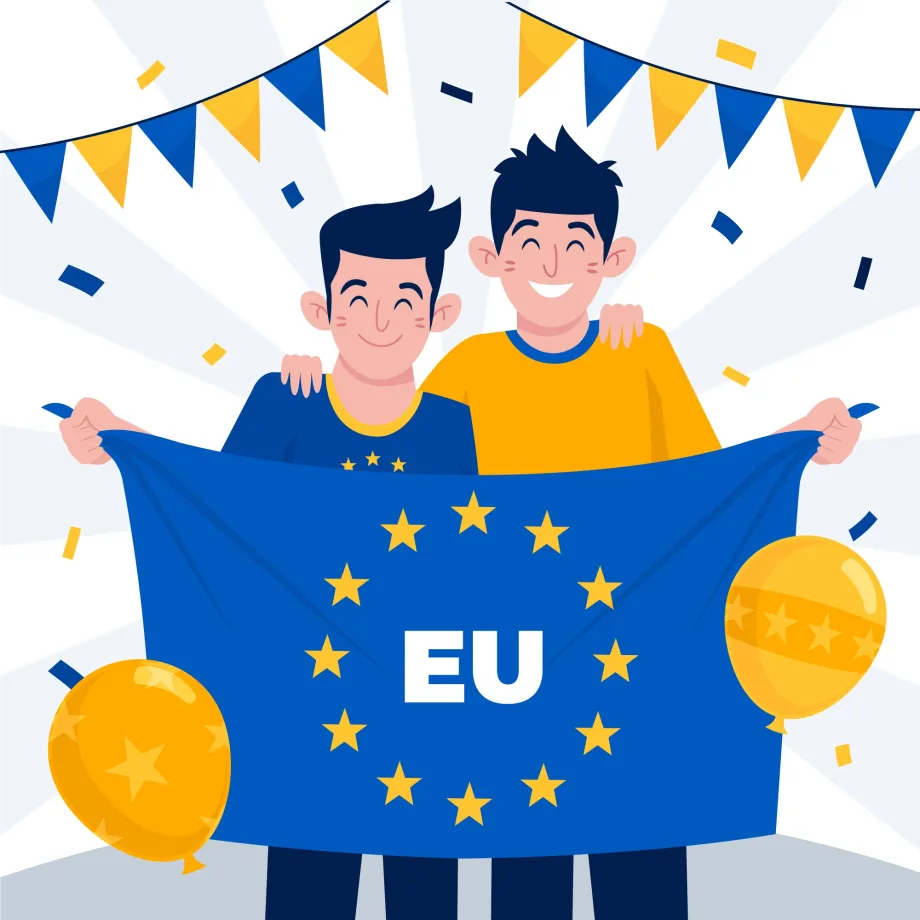 Animirani likovi dvojice mladića koji drže zastavu Europske unije. Oko njih su plave i žute zastavice i dva žuta balona