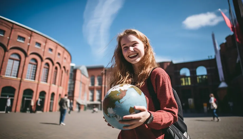 Mlada djevojka u ambijentu povijesnih građevina u ruci drži loptu oslikanu kao zemljska kugla