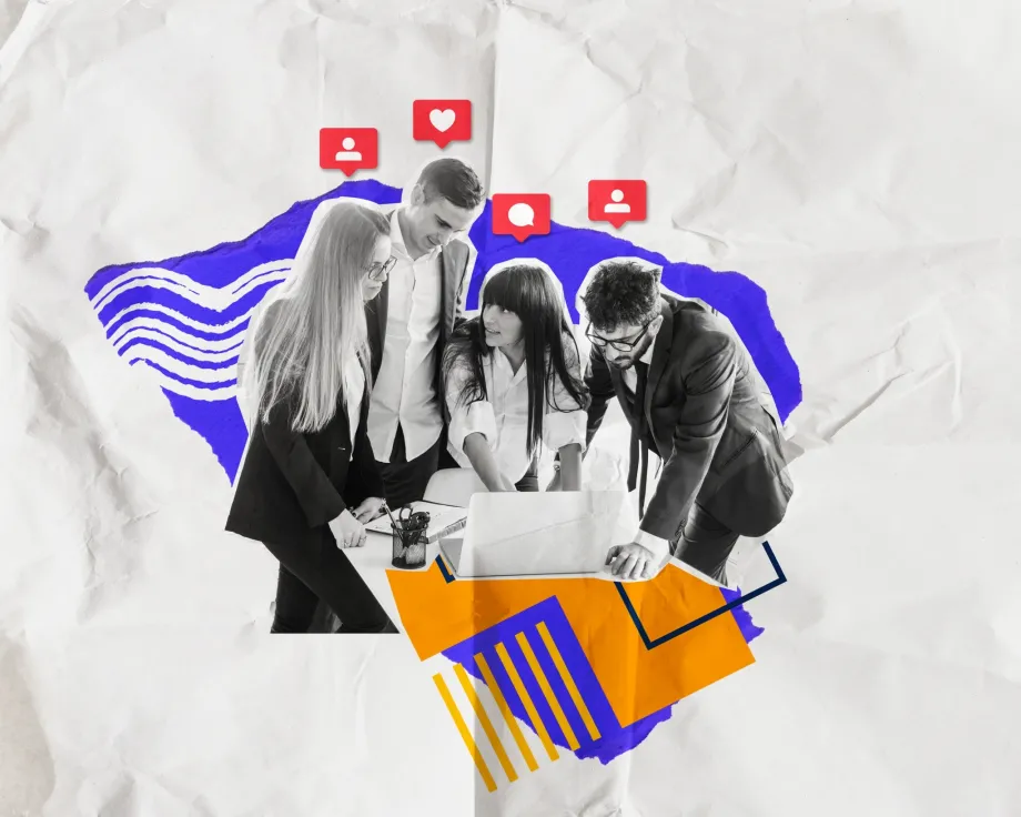 Četvero mladih pred laptopom, a oko njih ikone koje se koriste na društvenim mrežama