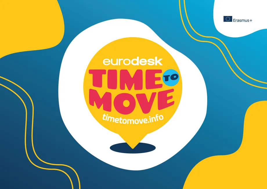 Plava pozadina sa žutim žutim neravnim crtama i nepravilnim područjima obojanim u žuto i bijelo. Na sredini se na bijeloj pozadini nalazi žuti balon u kojemu piše "eurodesk, Time to move"