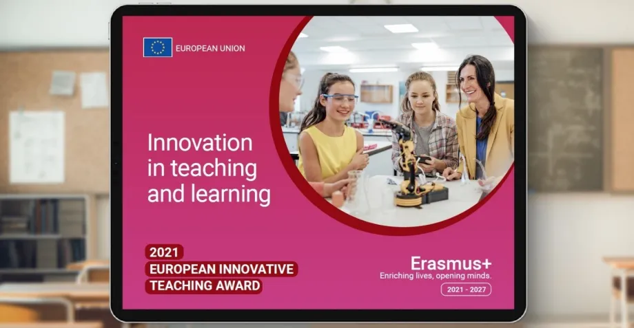 Tablet na čijem ekranu piše Innovation in teaching and learning. Pored natpisa je krug s fotografijom tri učenice i jedne profesorice koje se nalaze u učionici i rade s robotom.