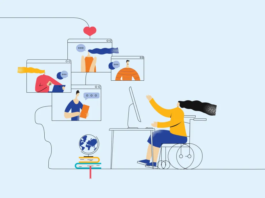 Ilustracija na temu Erasmus+ prioriteta uključivanje i raznolikost koja pokazuje likove s manje mogućnosti