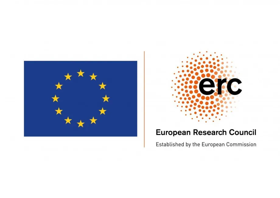 Zastava Europske unije, pored zastave se nalaze narančaste točkice različitih veličina koje tvore cvijet, preko toga piše "erc" a ispod piše "European Research Council"